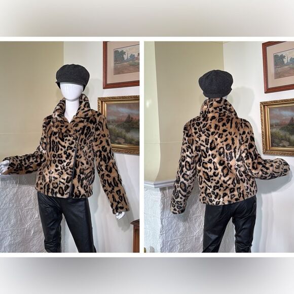H&M Leopard Print Fluffy Faux Fur Motorcycle Style Jacket - Picture 1 of 12
